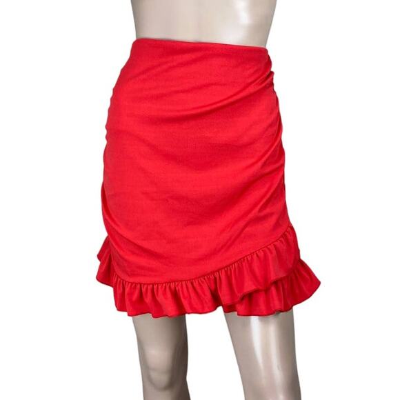 New Women's Red Ruffled Ruched Asymmetrical Hem Stretch Bodycon Mini Skirt M - Picture 1 of 5